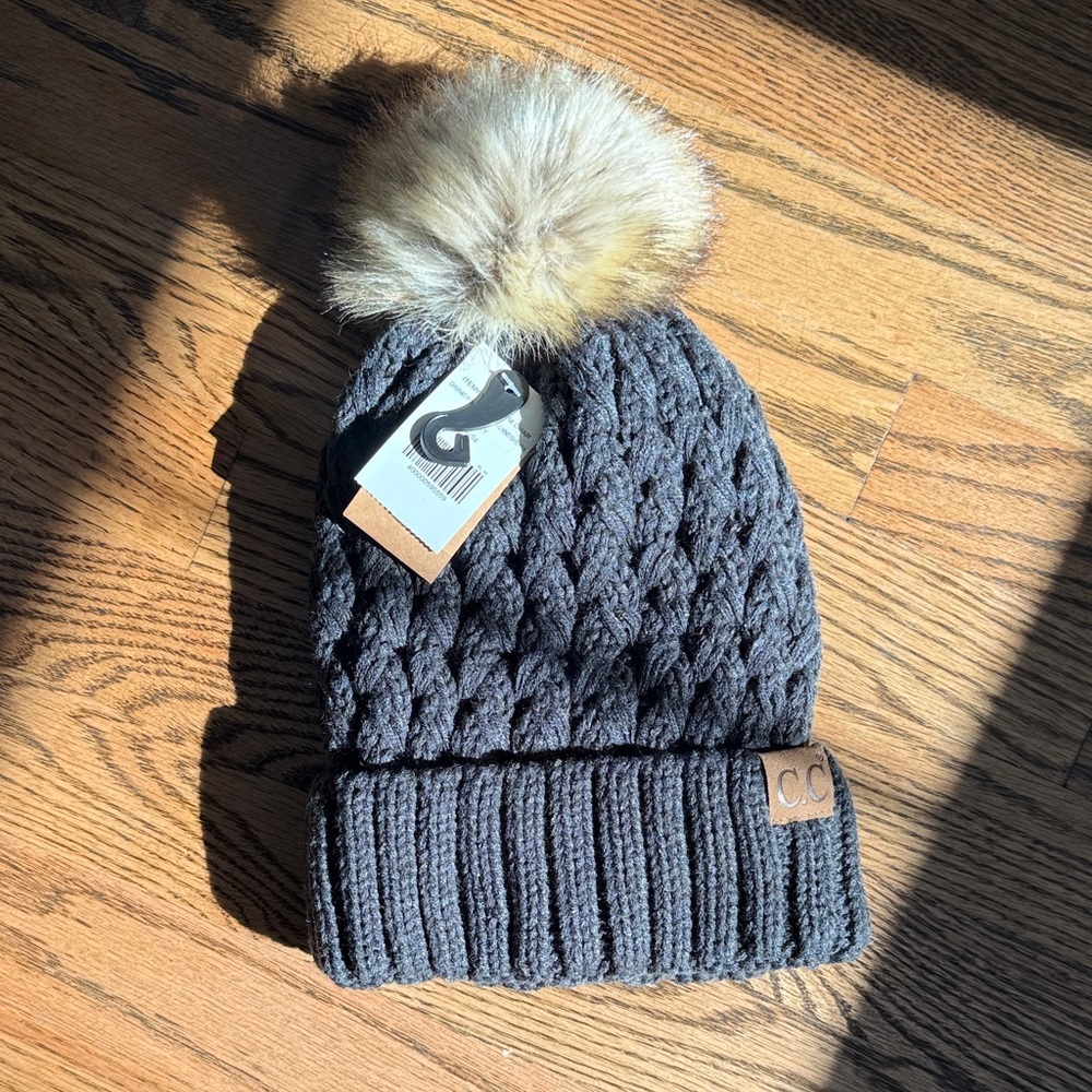 C.C Gray Knit Beanie with Faux Fur Pom
